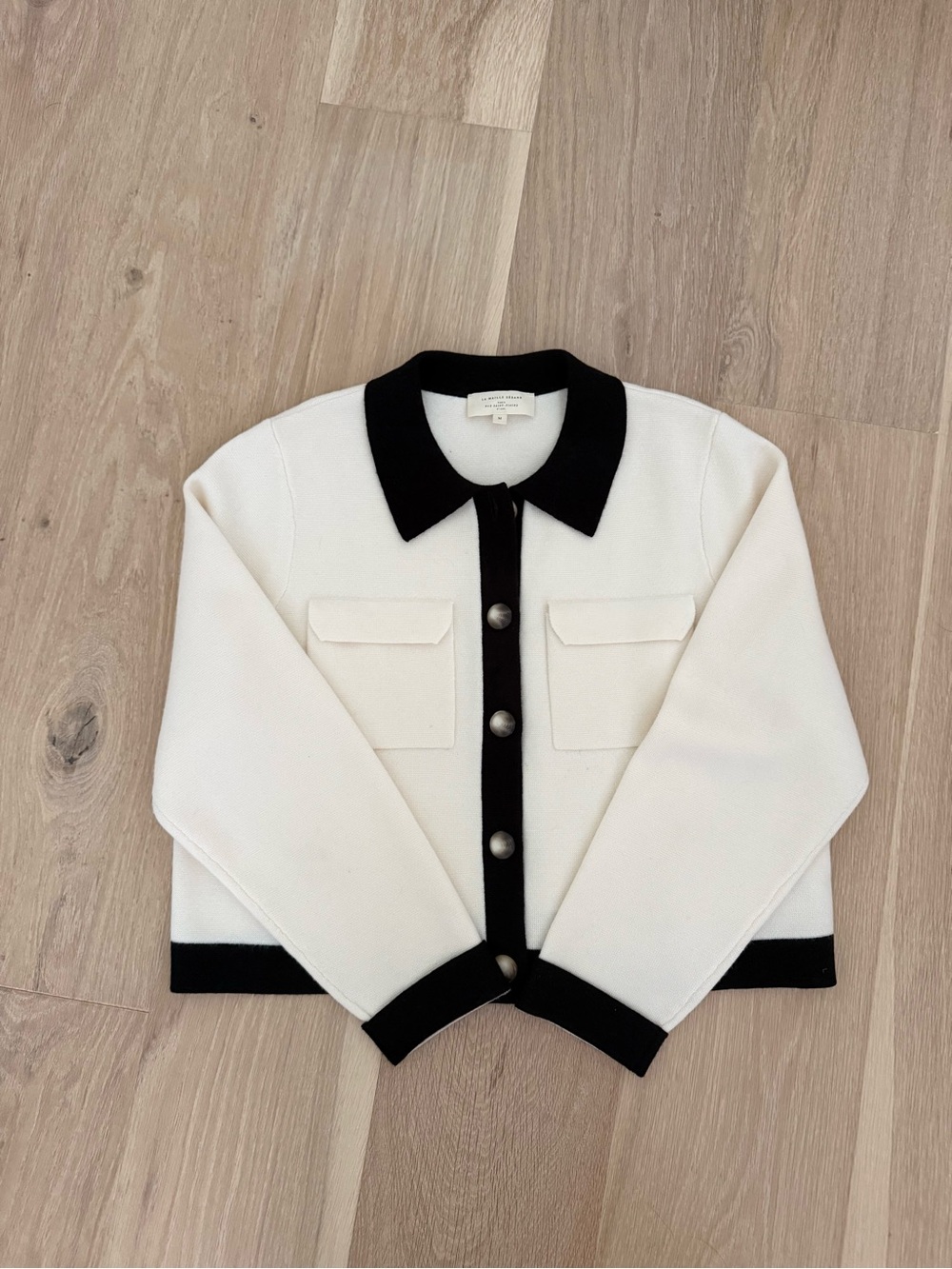 Sezane Betty cardigan in black and ecru